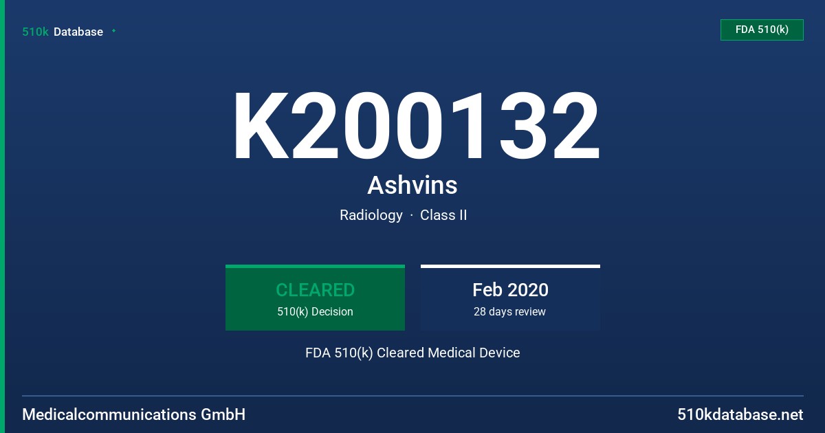 K200132 Ashvins FDA 510(k) Cleared Medical Device