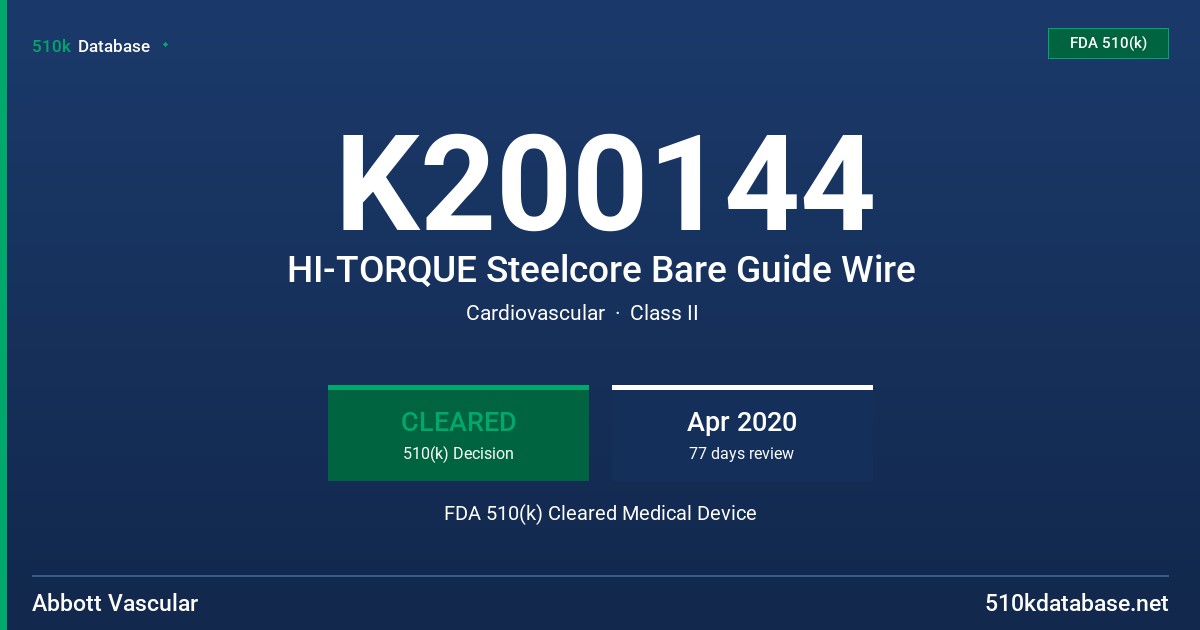 K200144 HI-TORQUE Steelcore Bare Guide Wire FDA 510(k) Cleared Medical Device