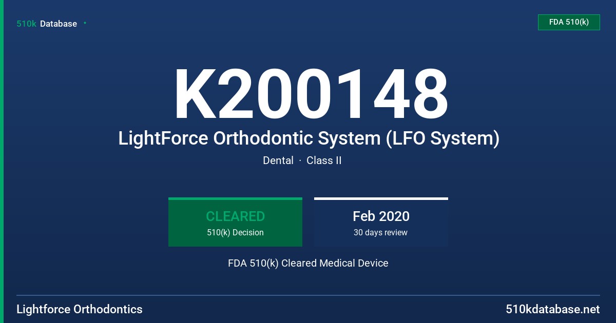 K200148 LightForce Orthodontic System (LFO System) FDA 510(k) Cleared Medical Device