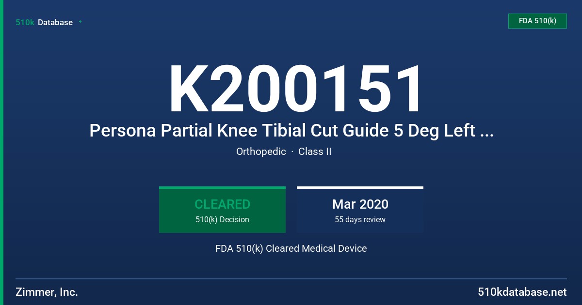 K200151 Persona Partial Knee Tibial Cut Guide 5 Deg Left Medial Right Lateral, Persona Partial Knee Tibial Cut Guide 5 Deg Right Medial Left Lateral, Persona Partial Knee 2MM Tibial Recutter Left Medial Right Lateral, Persona Partial Knee 2MM Tibial Recutter Right Medial Left Lateral, Persona Partial Knee Tibial Drill FDA 510(k) Cleared Medical Device