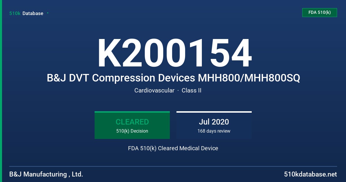 K200154 B&J DVT Compression Devices MHH800/MHH800SQ FDA 510(k) Cleared Medical Device