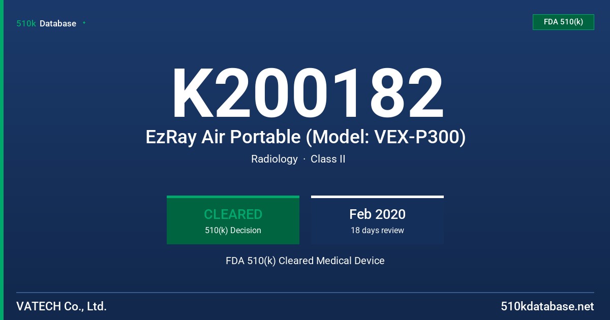 K200182 EzRay Air Portable (Model: VEX-P300) FDA 510(k) Cleared Medical Device