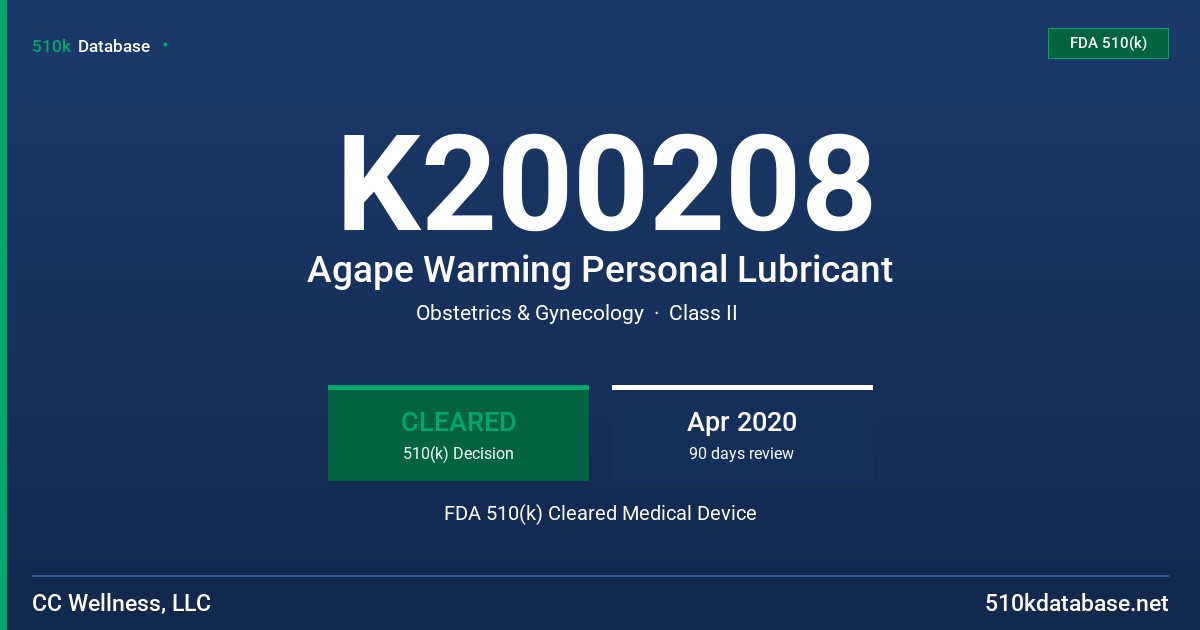 K200208 Agape Warming Personal Lubricant FDA 510(k) Cleared Medical Device