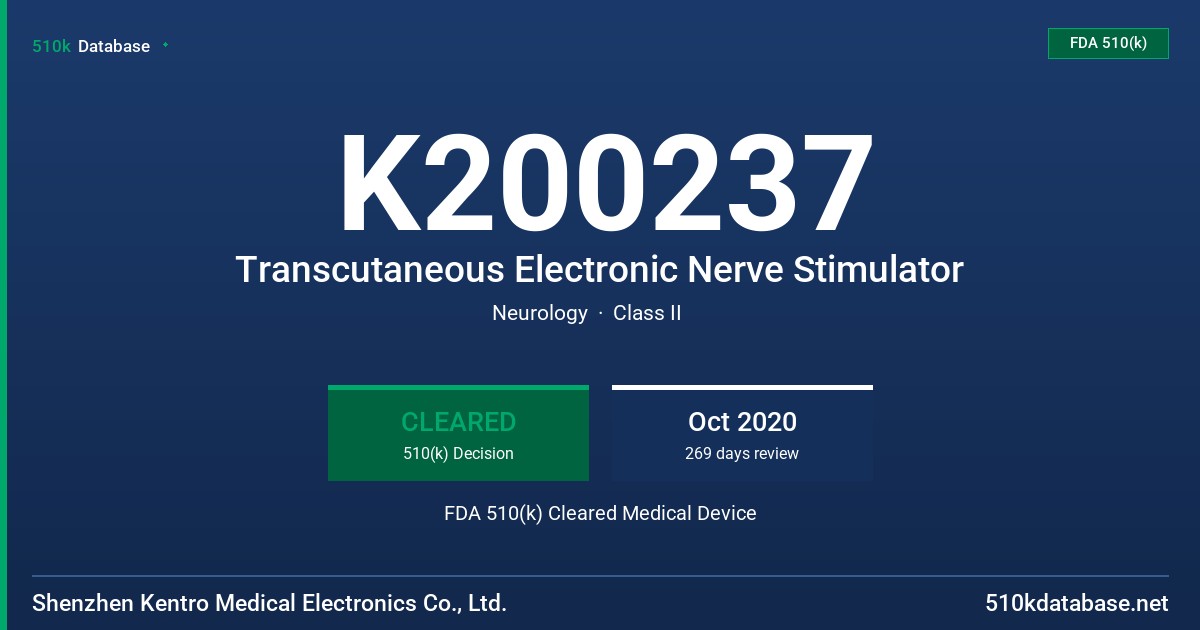 K200237 Transcutaneous Electronic Nerve Stimulator FDA 510(k) Cleared Medical Device
