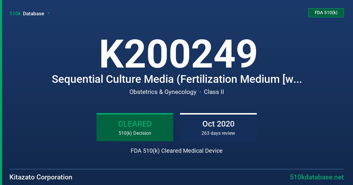 K200249 Sequential Culture Media (Fertilization Medium [without HSA/rHA, with HSA, with rHA], Cleavage Medium [without HSA/rHA, with HSA, with rHA], Blastocyst Medium [without HSA/rHA, with HSA, with rHA]) FDA 510(k) Cleared Medical Device