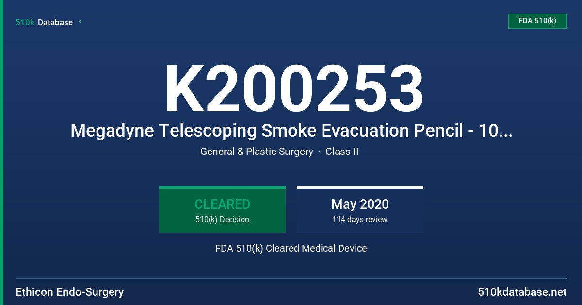 K200253 Megadyne Telescoping Smoke Evacuation Pencil - 10ft tubing, Megadyne Telescoping Smoke Evacuation Pencil  - 15ft tubing, Megadyne Telescoping Smoke Evacuation Soft Tissue Dissector, Megadyne Telescoping Soft Tissue Dissector FDA 510(k) Cleared Medical Device