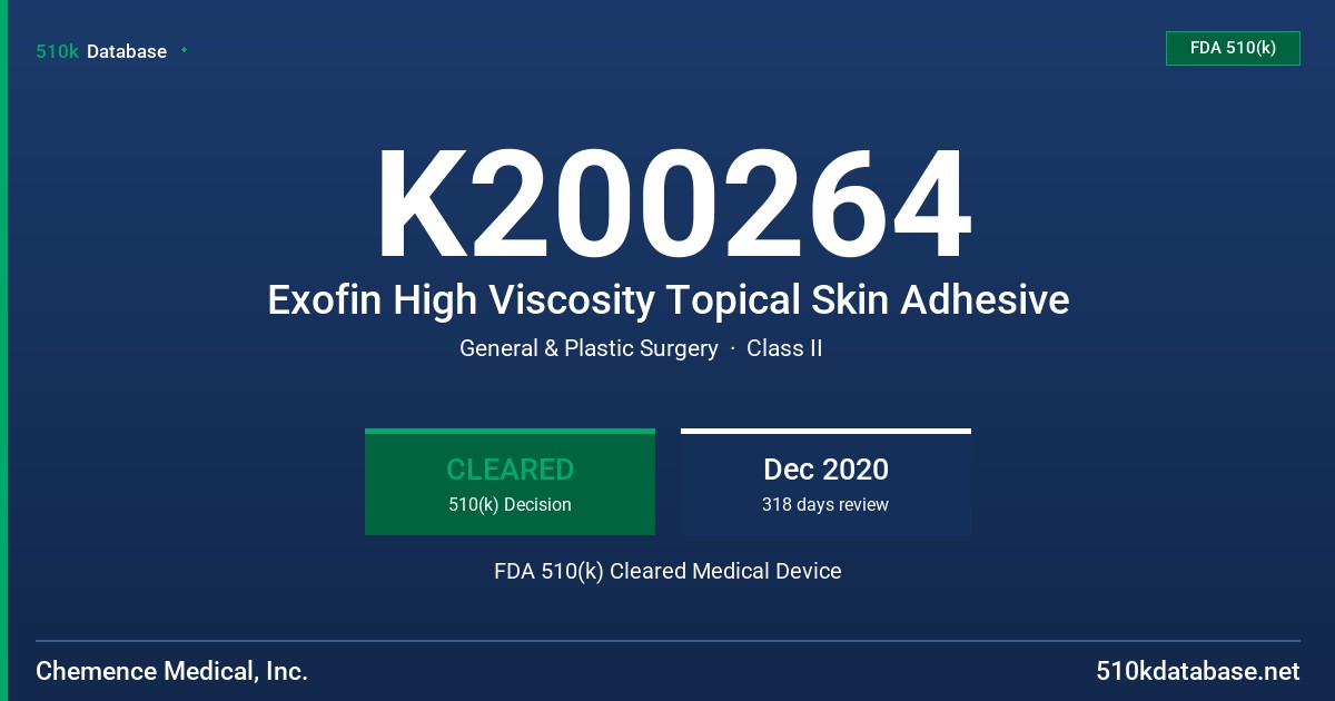 K200264 Exofin High Viscosity Topical Skin Adhesive FDA 510(k) Cleared Medical Device
