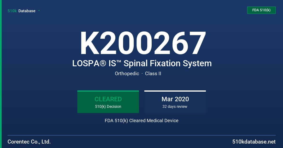 K200267 LOSPA® IS™ Spinal Fixation System FDA 510(k) Cleared Medical Device