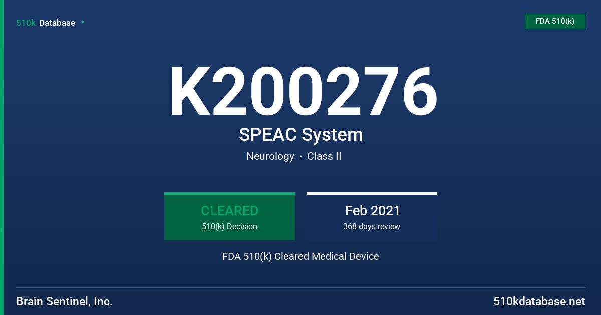 K200276 SPEAC System FDA 510(k) Cleared Medical Device