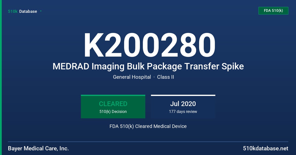 K200280 MEDRAD Imaging Bulk Package Transfer Spike FDA 510(k) Cleared Medical Device