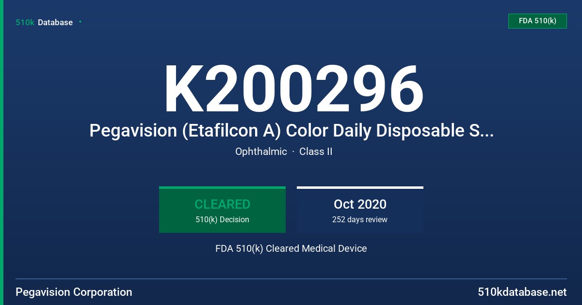 K200296 Pegavision (Etafilcon A) Color Daily Disposable Soft (Hydrophilic) Contact Lenses, Pegavision (Etafilcon A) Color Soft (Hydrophilic) Contact Lenses FDA 510(k) Cleared Medical Device
