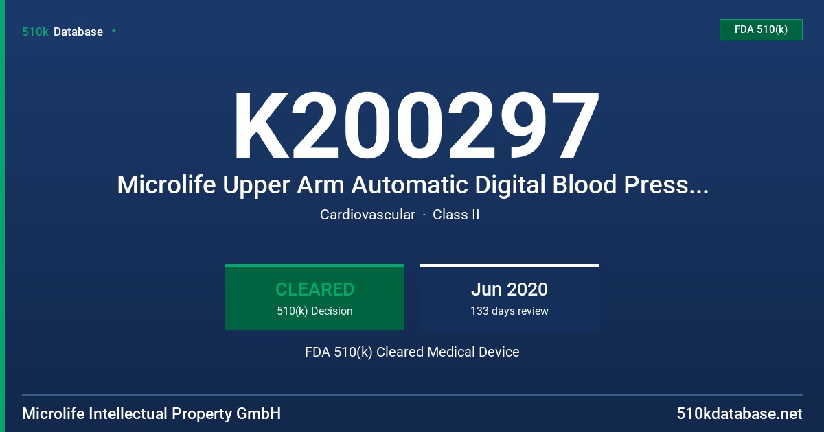 K200297 Microlife Upper Arm Automatic Digital Blood Pressure Monitor FDA 510(k) Cleared Medical Device