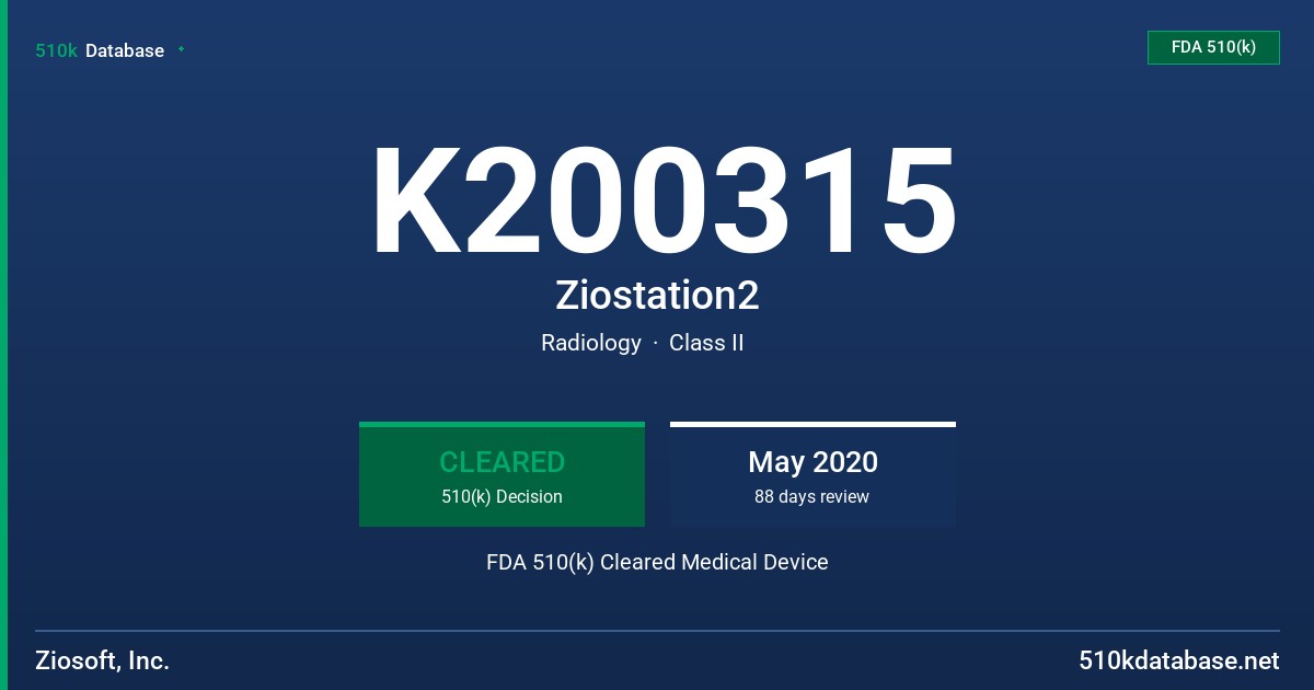 K200315 Ziostation2 FDA 510(k) Cleared Medical Device