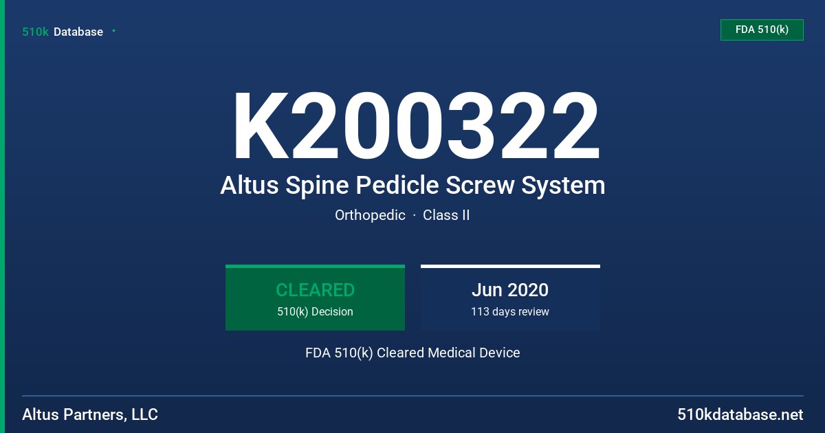 K200322 Altus Spine Pedicle Screw System FDA 510(k) Cleared Medical Device