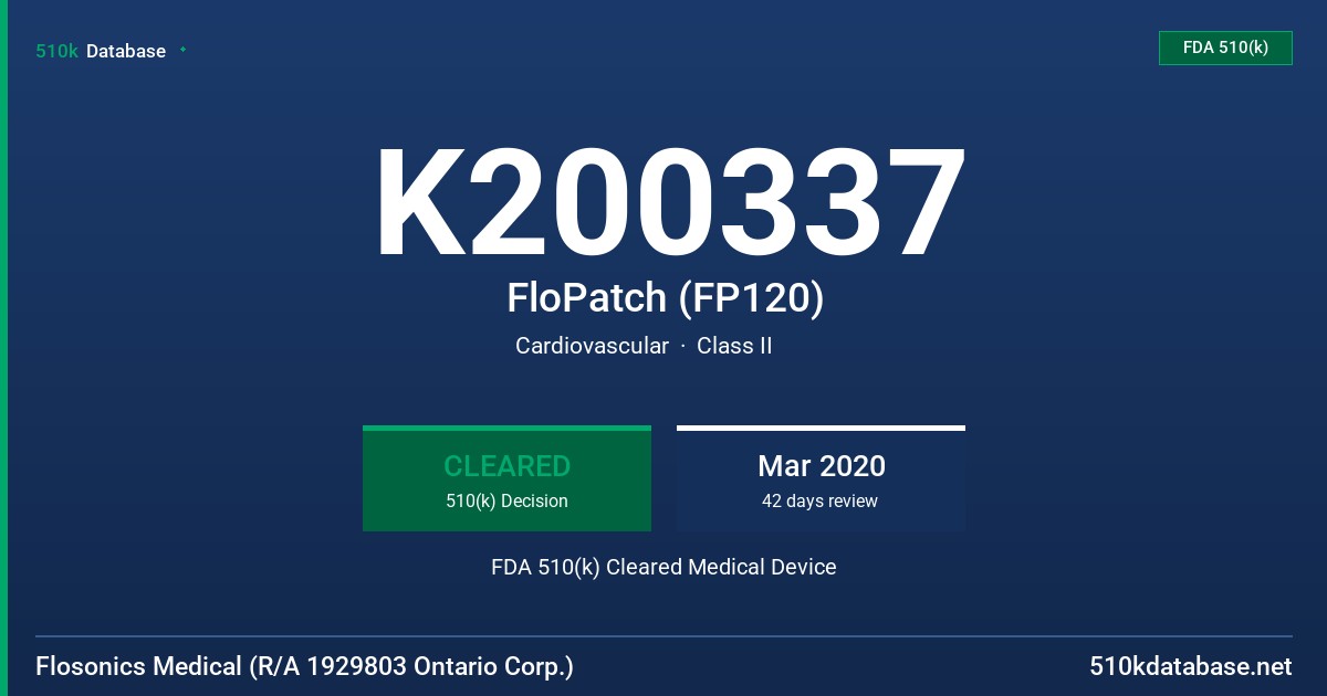 K200337 FloPatch (FP120) FDA 510(k) Cleared Medical Device