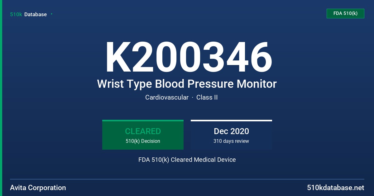 K200346 Wrist Type Blood Pressure Monitor FDA 510(k) Cleared Medical Device