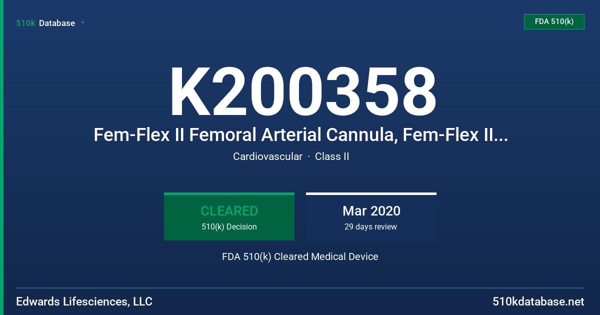 K200358 Fem-Flex II Femoral Arterial Cannula, Fem-Flex II Femoral Venous Cannula, Femoral Venous Cannula, FemTrak Femoral Venous Cannula FDA 510(k) Cleared Medical Device