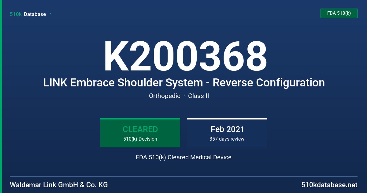 K200368 LINK Embrace Shoulder System - Reverse Configuration FDA 510(k) Cleared Medical Device