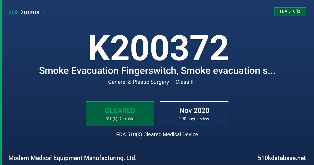 K200372 Smoke Evacuation Fingerswitch, Smoke evacuation system with electrosurgical pencil FDA 510(k) Cleared Medical Device