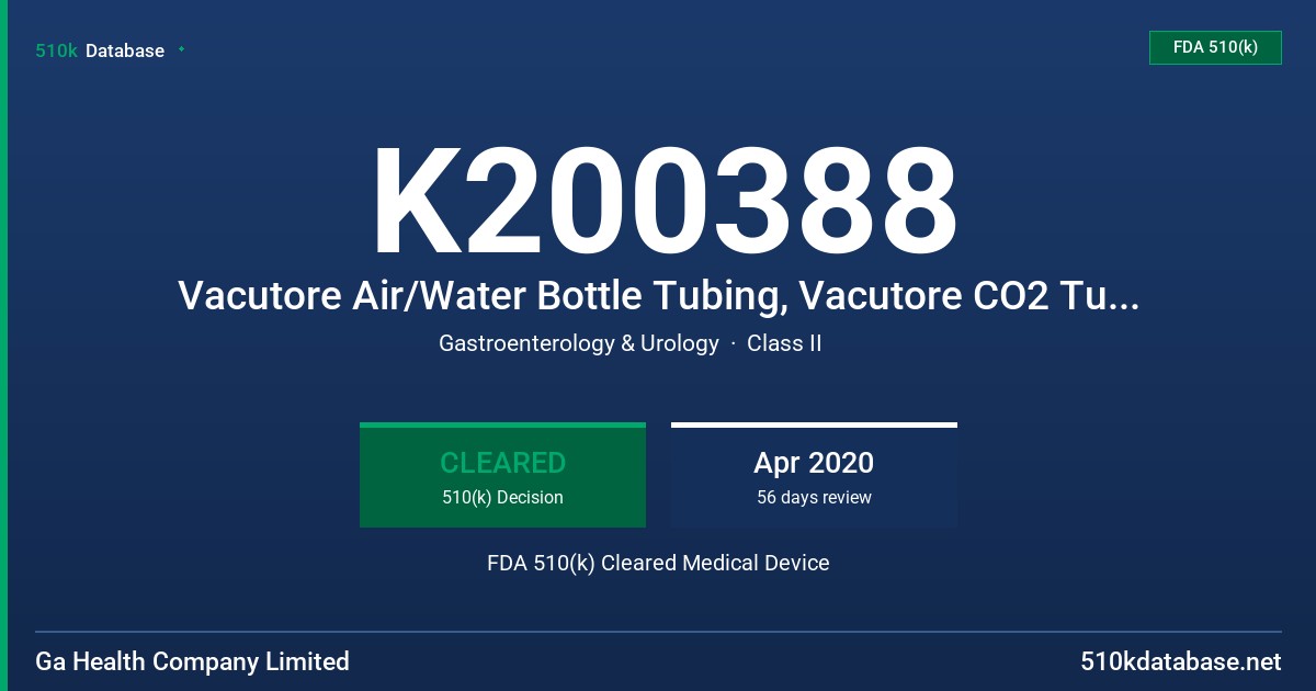 K200388 Vacutore Air/Water Bottle Tubing, Vacutore CO2 Tubing with Luer Connector FDA 510(k) Cleared Medical Device