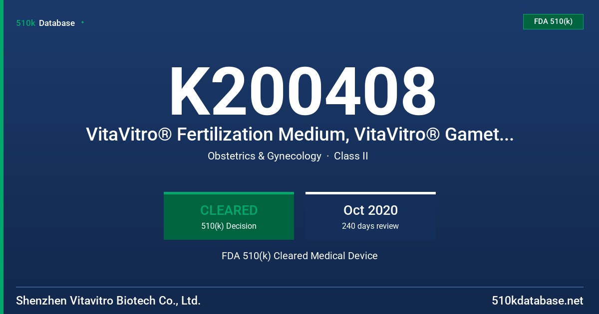 K200408 VitaVitro® Fertilization Medium, VitaVitro® Gamete Buffer Medium, VitaVitro® Flushing Buffer Medium FDA 510(k) Cleared Medical Device