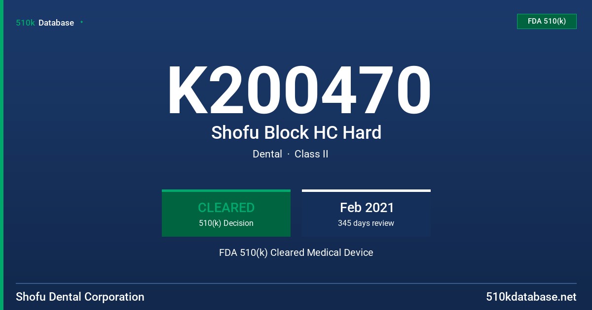 K200470 Shofu Block HC Hard FDA 510(k) Cleared Medical Device