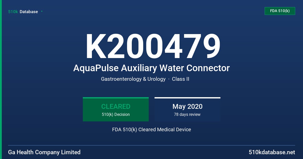 K200479 AquaPulse Auxiliary Water Connector FDA 510(k) Cleared Medical Device