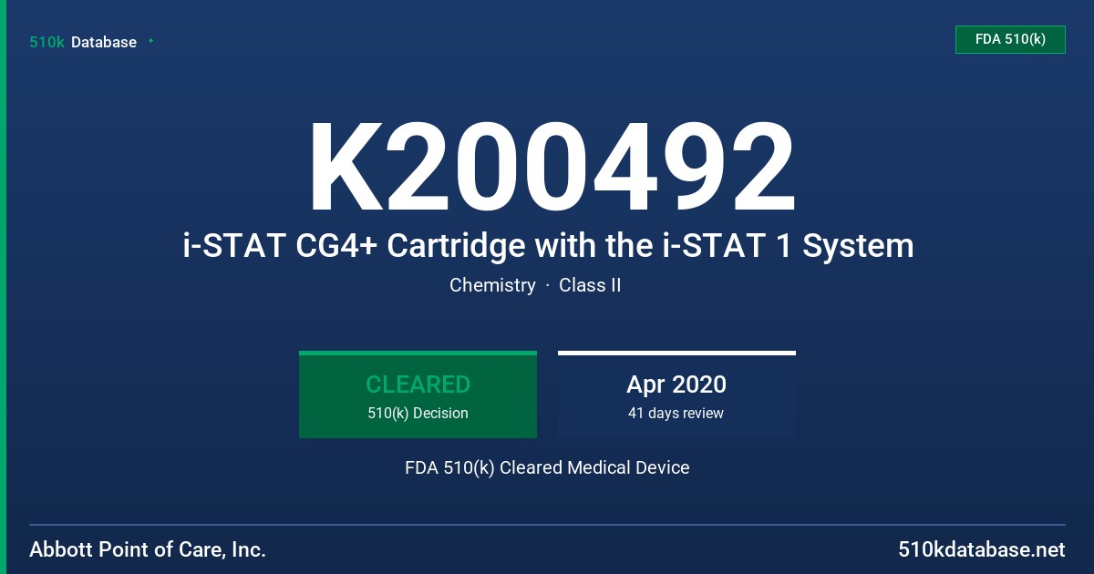 K200492 i-STAT CG4+ Cartridge with the i-STAT 1 System FDA 510(k) Cleared Medical Device