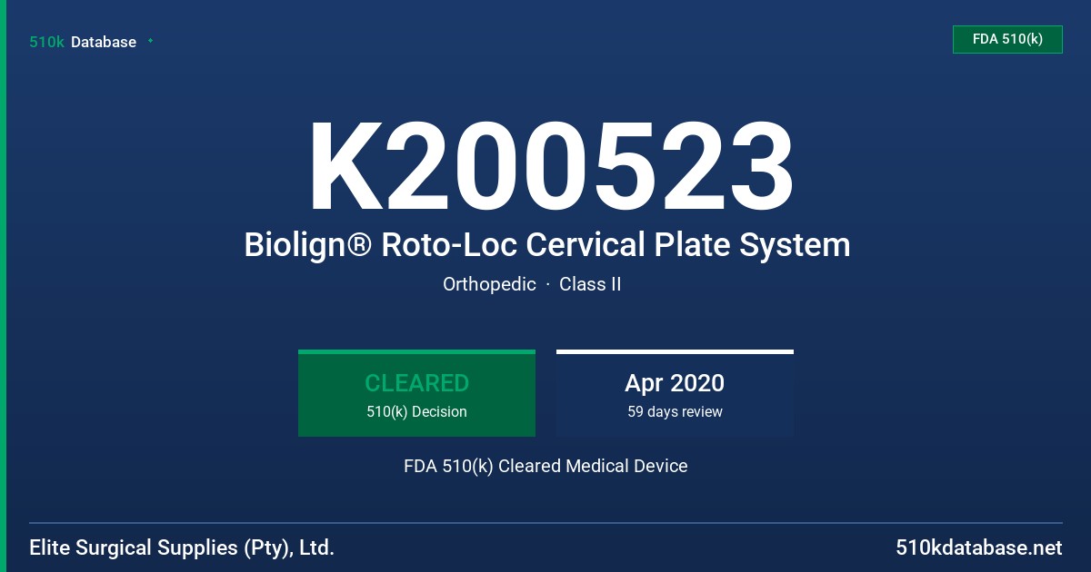 K200523 Biolign® Roto-Loc Cervical Plate System FDA 510(k) Cleared Medical Device
