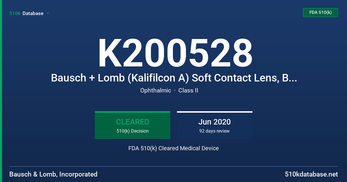 K200528 Bausch + Lomb (Kalifilcon A) Soft Contact Lens, Bausch + Lomb (Kalifilcon A) Soft Contact Lens for astigmatism FDA 510(k) Cleared Medical Device