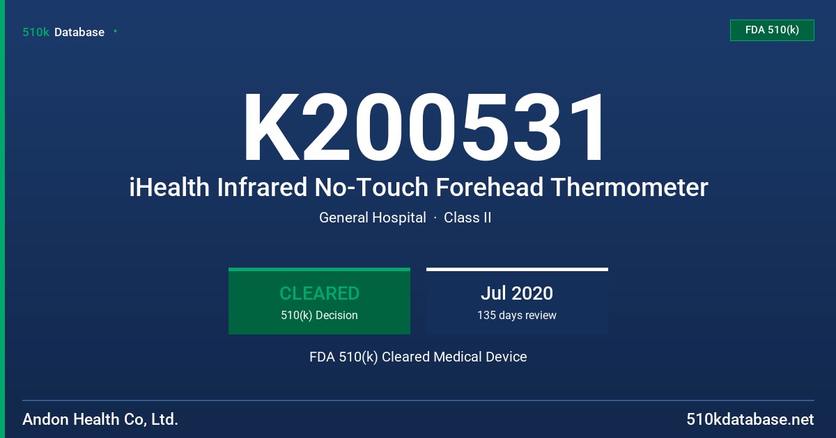 K200531 iHealth Infrared No-Touch Forehead Thermometer FDA 510(k) Cleared Medical Device