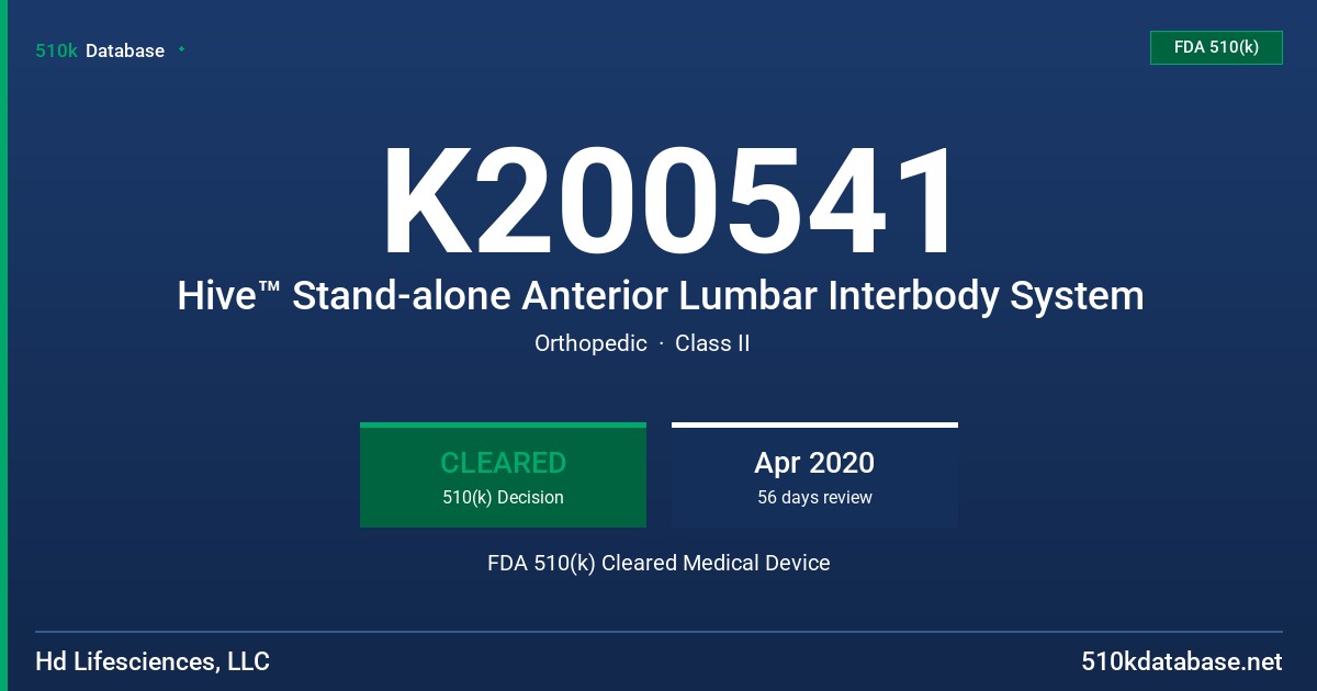 K200541 Hive™ Stand-alone Anterior Lumbar Interbody System FDA 510(k) Cleared Medical Device