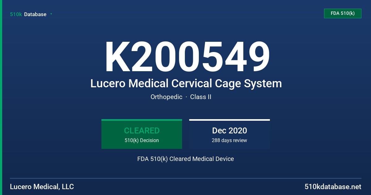 K200549 Lucero Medical Cervical Cage System FDA 510(k) Cleared Medical Device