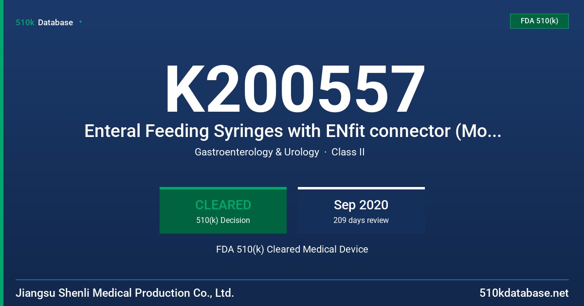 K200557 Enteral Feeding Syringes with ENfit connector (Model: 10 ml FDA 510(k) Cleared Medical Device