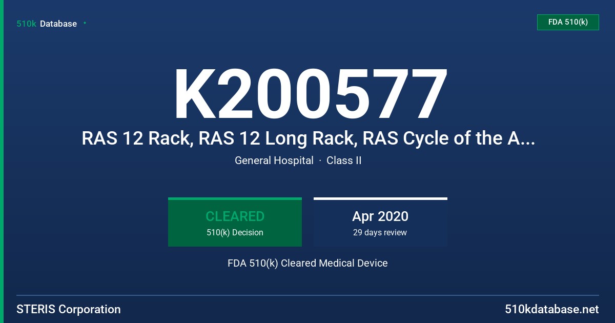 K200577 RAS 12 Rack, RAS 12 Long Rack, RAS Cycle of the AMSCO 7052HP/7053HP Single Chamber Washer/Disinfector FDA 510(k) Cleared Medical Device