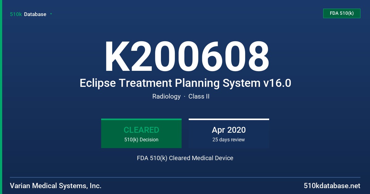 K200608 Eclipse Treatment Planning System v16.0 FDA 510(k) Cleared Medical Device