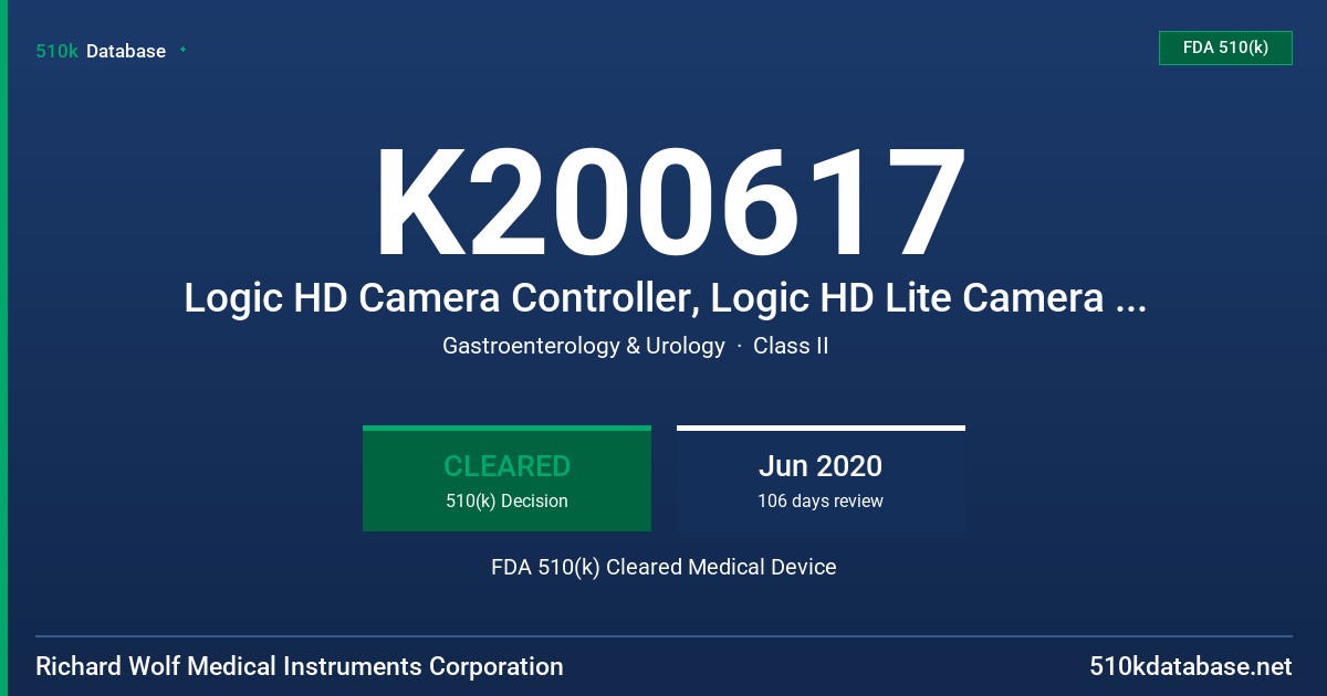 K200617 Logic HD Camera Controller, Logic HD Lite Camera Controller, Logic 4K Camera Contoller, Adapter for Controller 5525 FDA 510(k) Cleared Medical Device