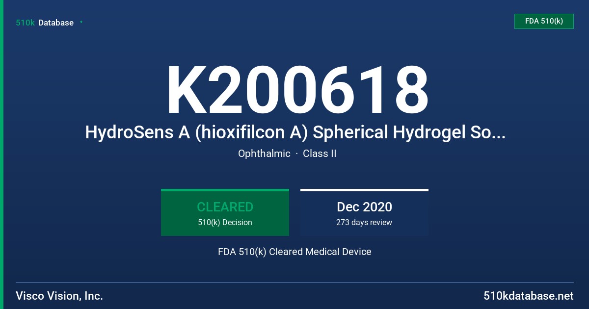 K200618 HydroSens A (hioxifilcon A) Spherical Hydrogel Soft Contact Lens FDA 510(k) Cleared Medical Device