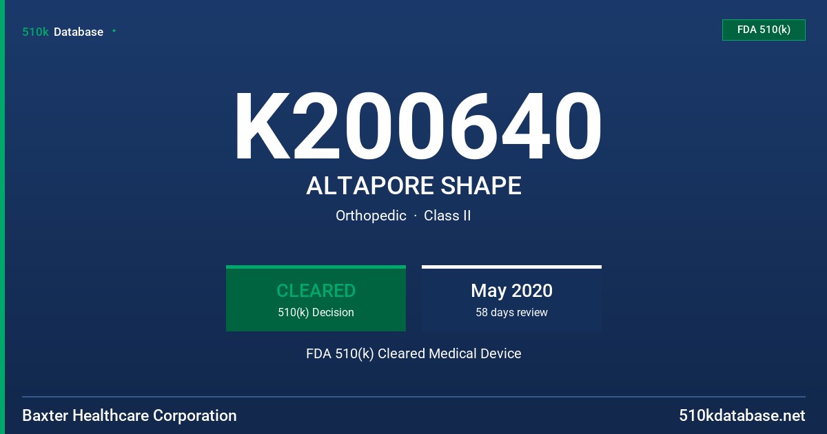 K200640 ALTAPORE SHAPE FDA 510(k) Cleared Medical Device
