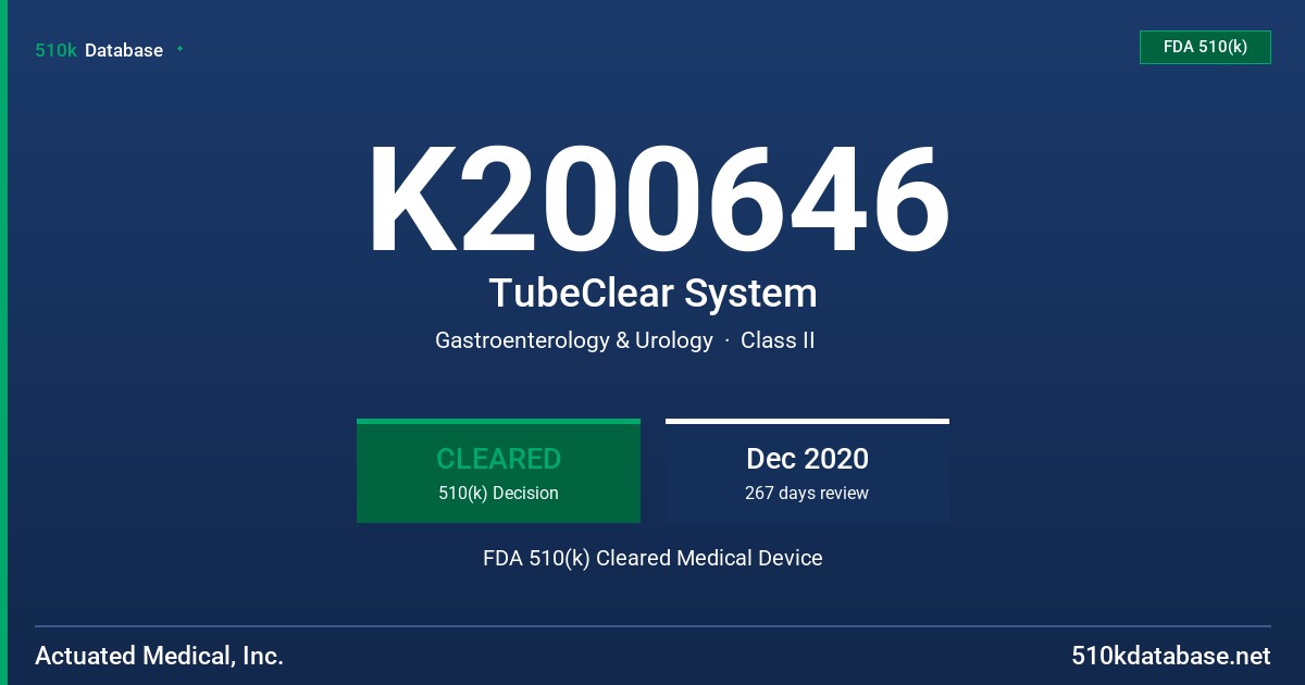 K200646 TubeClear System FDA 510(k) Cleared Medical Device