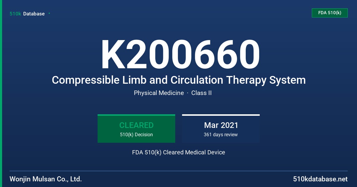 K200660 Compressible Limb and Circulation Therapy System FDA 510(k) Cleared Medical Device