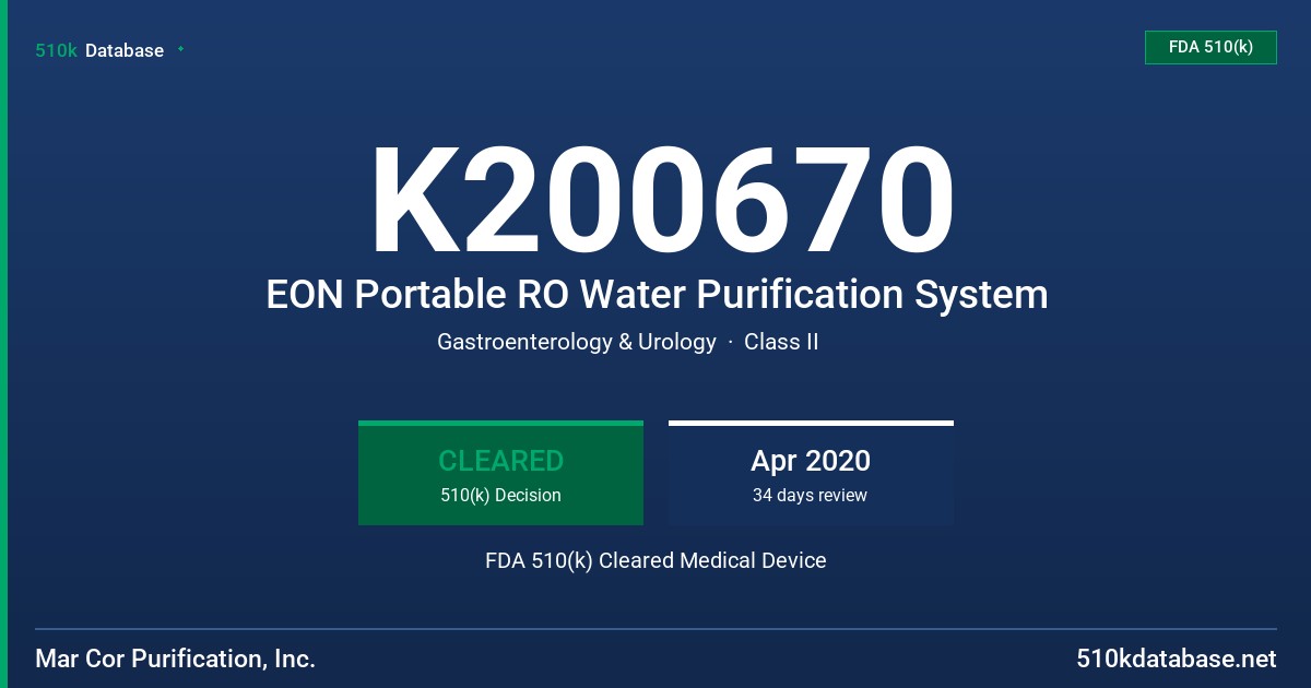 K200670 EON Portable RO Water Purification System FDA 510(k) Cleared Medical Device