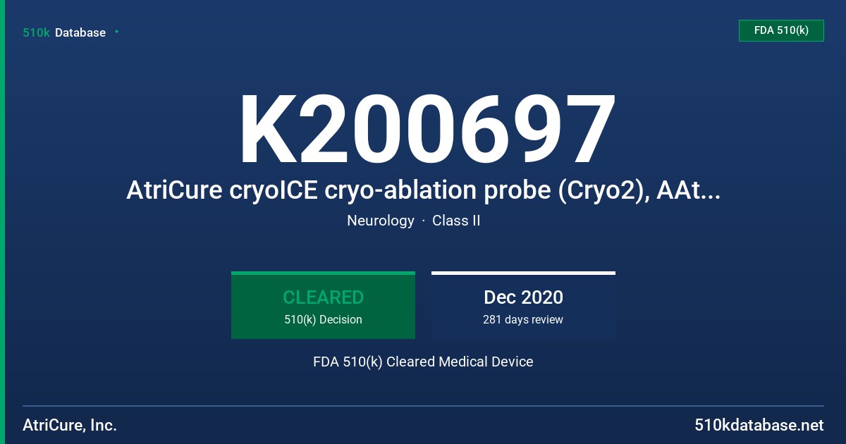 K200697 AtriCure cryoICE cryo-ablation probe (Cryo2), AAtriCure cryoICE cryoSPHERE cryoablation probe (CryoS, CryoS-L) FDA 510(k) Cleared Medical Device