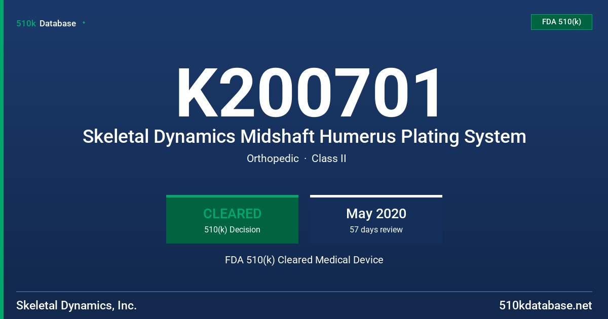 K200701 Skeletal Dynamics Midshaft Humerus Plating System FDA 510(k) Cleared Medical Device