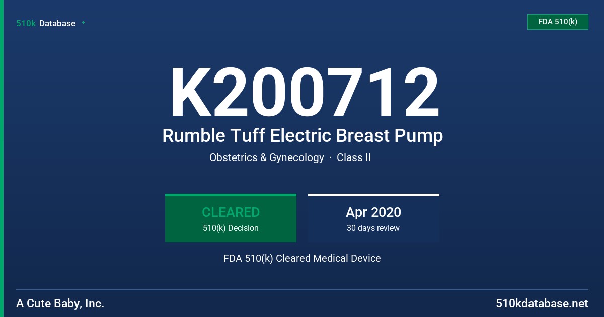 K200712 Rumble Tuff Electric Breast Pump FDA 510(k) Cleared Medical Device