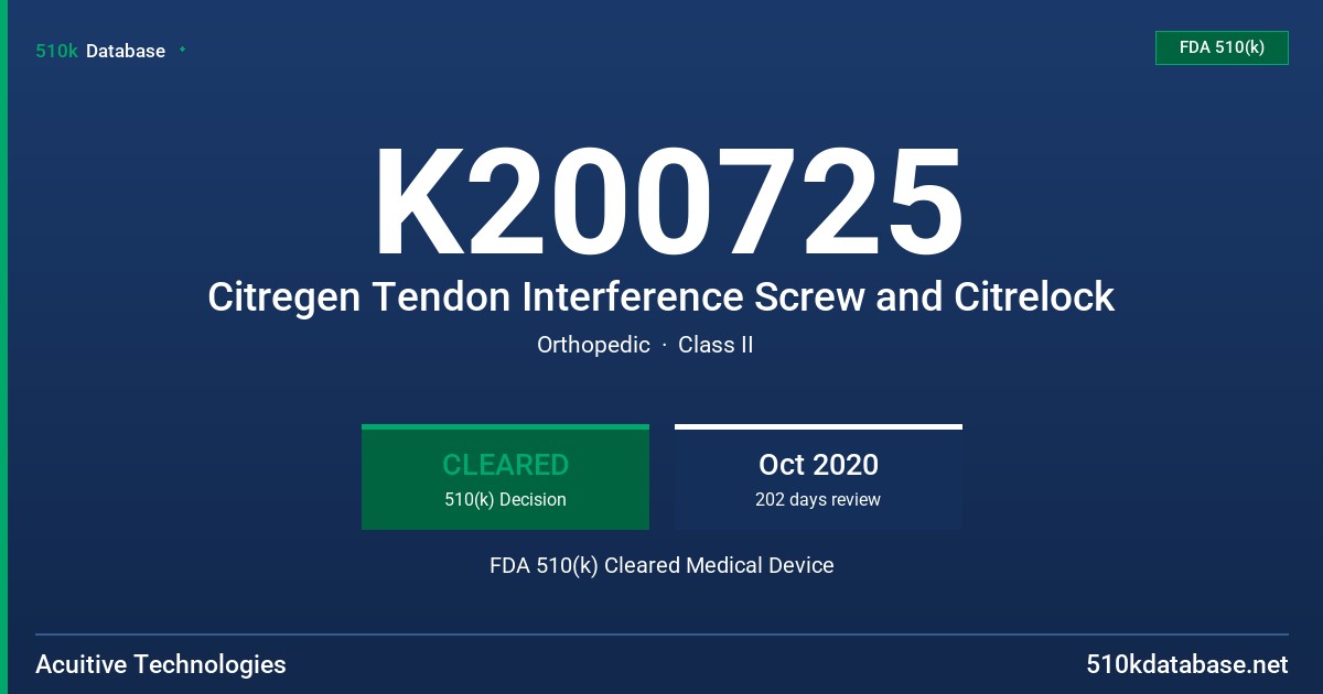 K200725 Citregen Tendon Interference Screw and Citrelock FDA 510(k) Cleared Medical Device