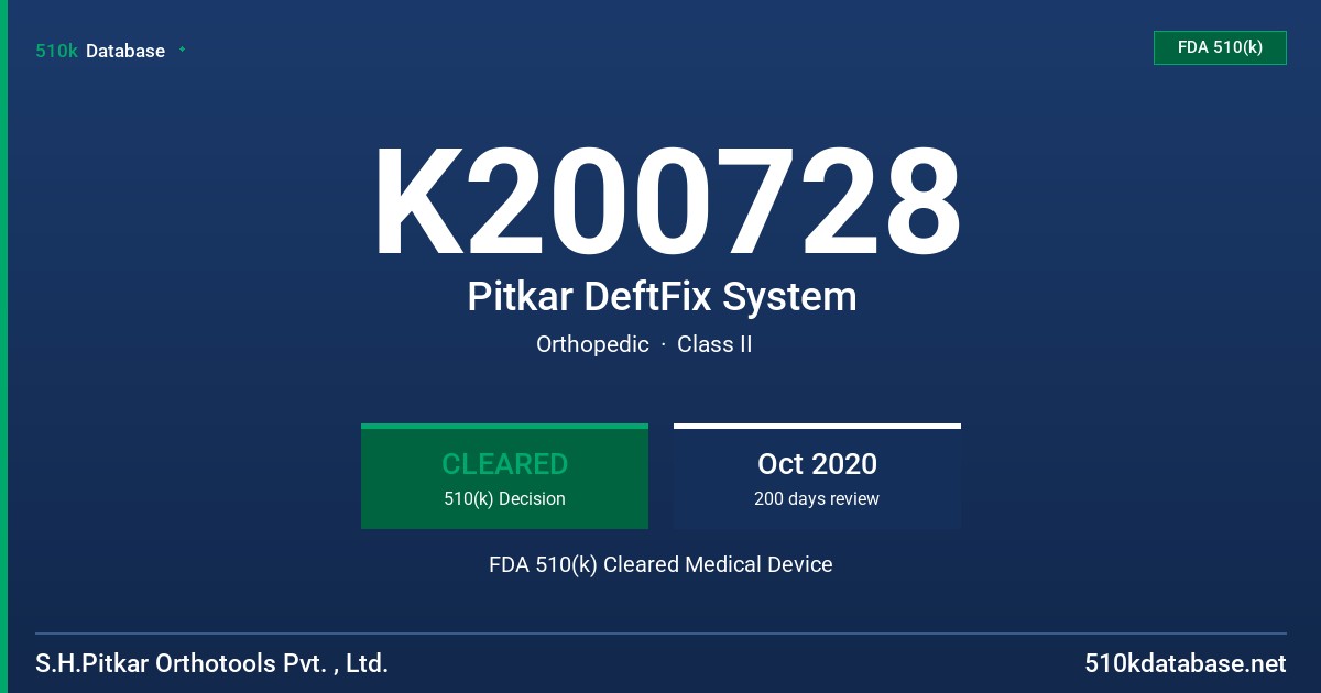 K200728 Pitkar DeftFix System FDA 510(k) Cleared Medical Device