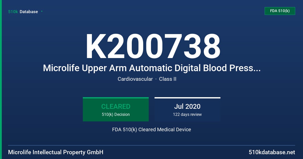 K200738 Microlife Upper Arm Automatic Digital Blood Pressure Monitor FDA 510(k) Cleared Medical Device