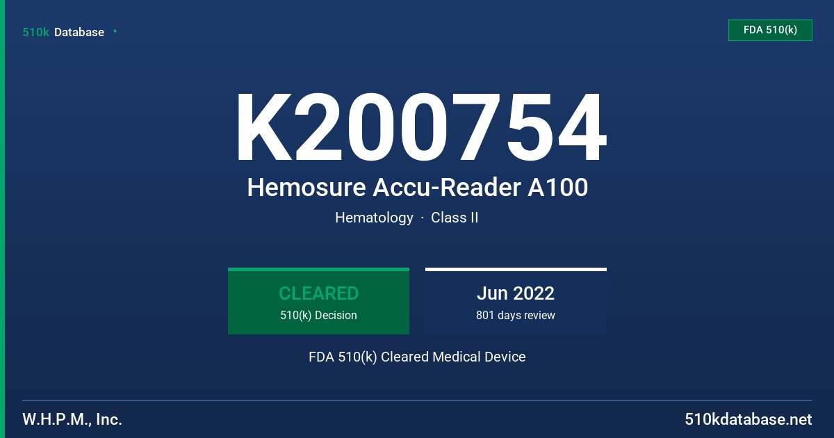 K200754 Hemosure Accu-Reader A100 FDA 510(k) Cleared Medical Device