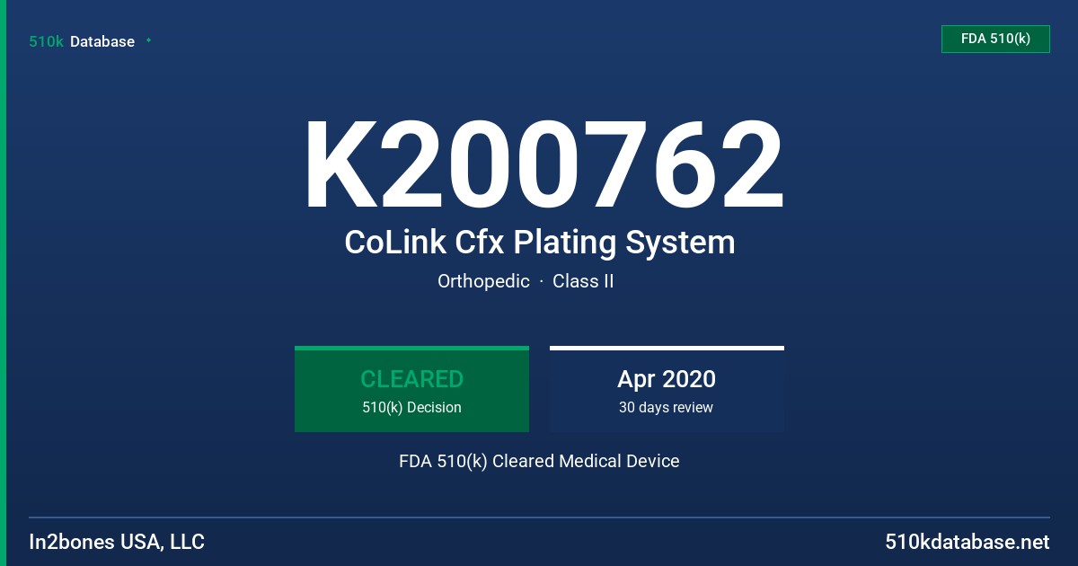 K200762 CoLink Cfx Plating System FDA 510(k) Cleared Medical Device